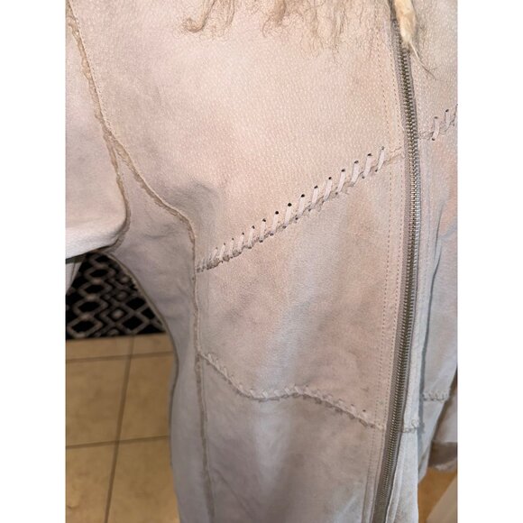 Vintage Winlet Ivory Braided Leather Suede Mongolian Fur Hooded Jacket Coat Sz L - Picture 14 of 16